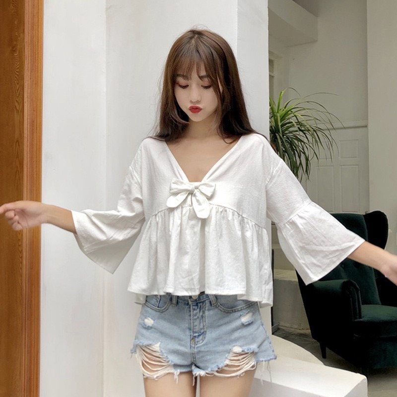 ÁO NỮ KIỂU DÁNG BABYDOLL TRƠN CỘT NƠ TRƯỚC NA