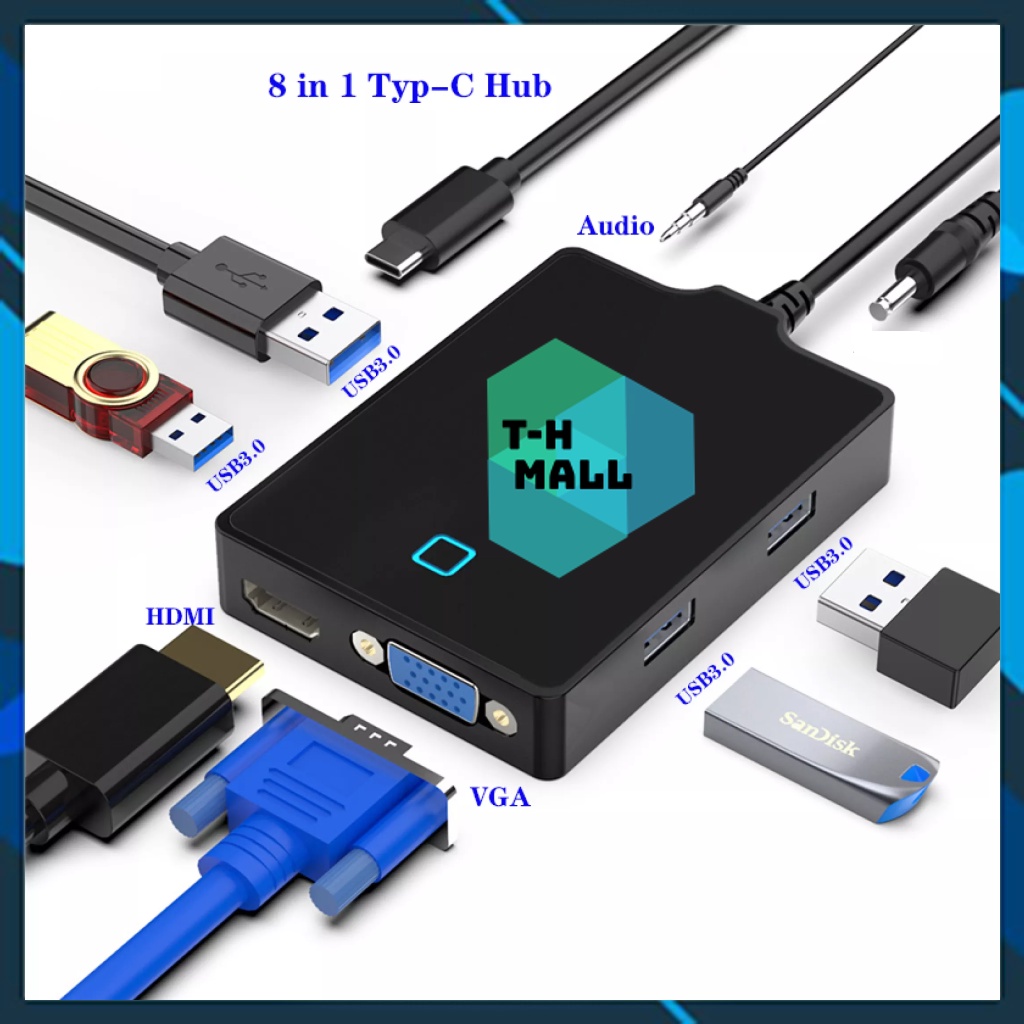 Bộ Chuyển Đổi Hub 8 trong 1 Type C Sang HDMI VGA USB 3.0 AUDIO AUX Type-C 8 in 1 cho Laptop Macbook