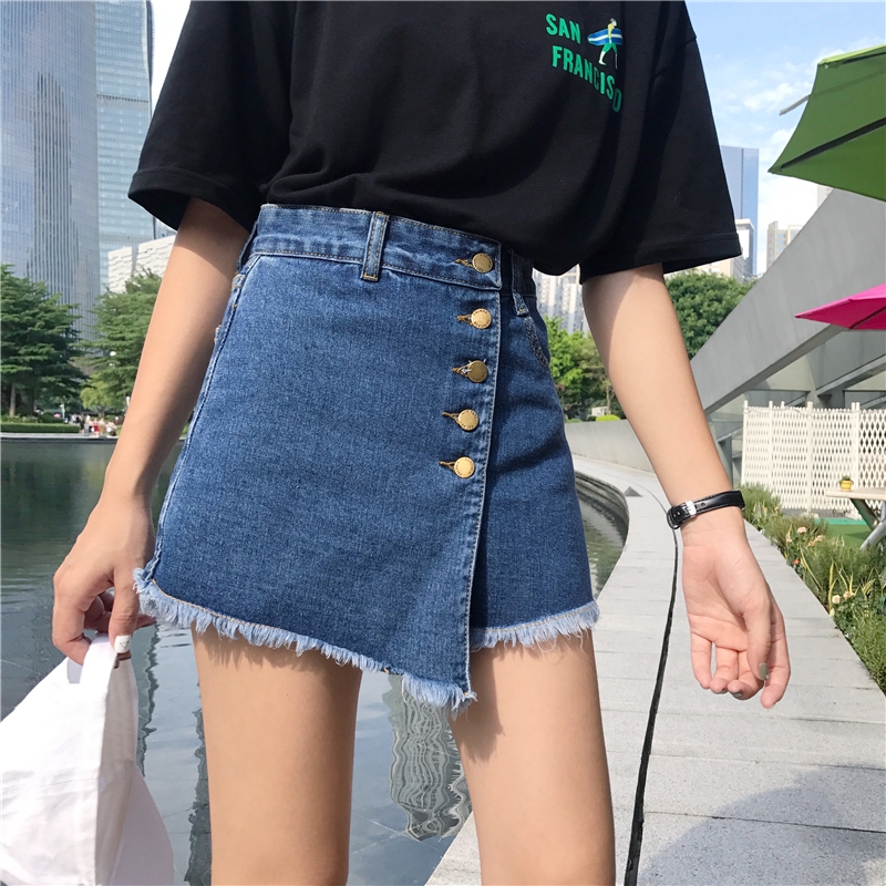 Quần short denim lưng cao phong cách Hàn Quốc cổ điển