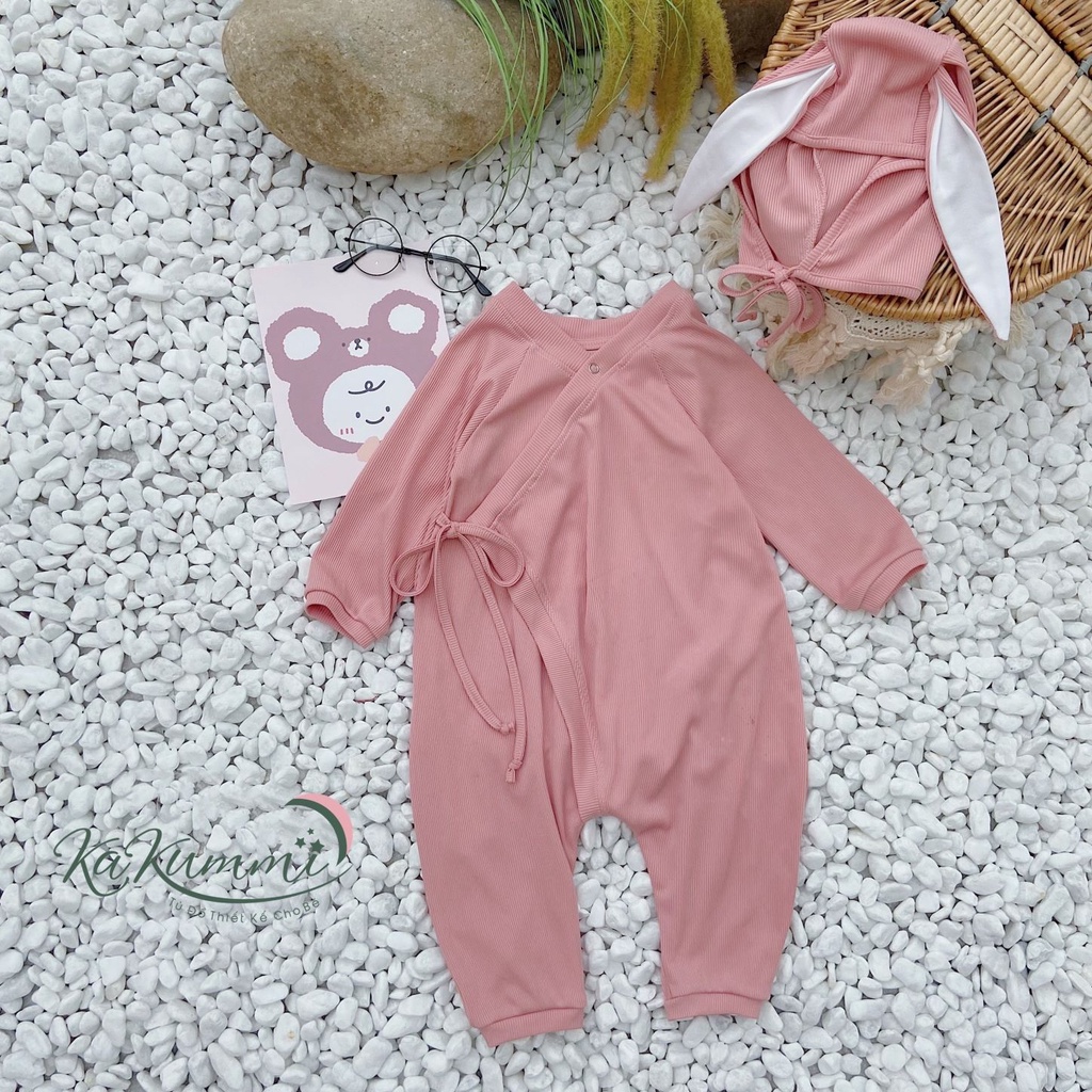 [Kèm mũ] Body suit len dài tay trẻ em 3-14kg, body dài tay buộc dây cho bé trai gái 21BD122 Kakummi