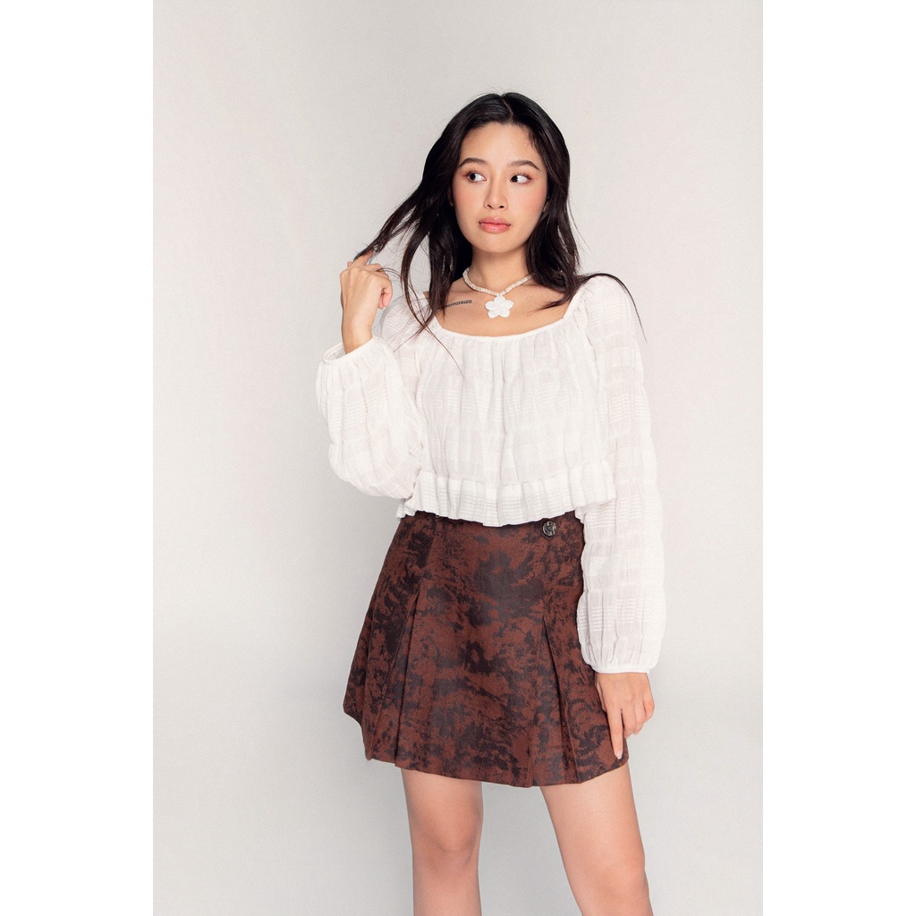 LIBÉ - Chân váy Faux Suede xếp ly màu nâu