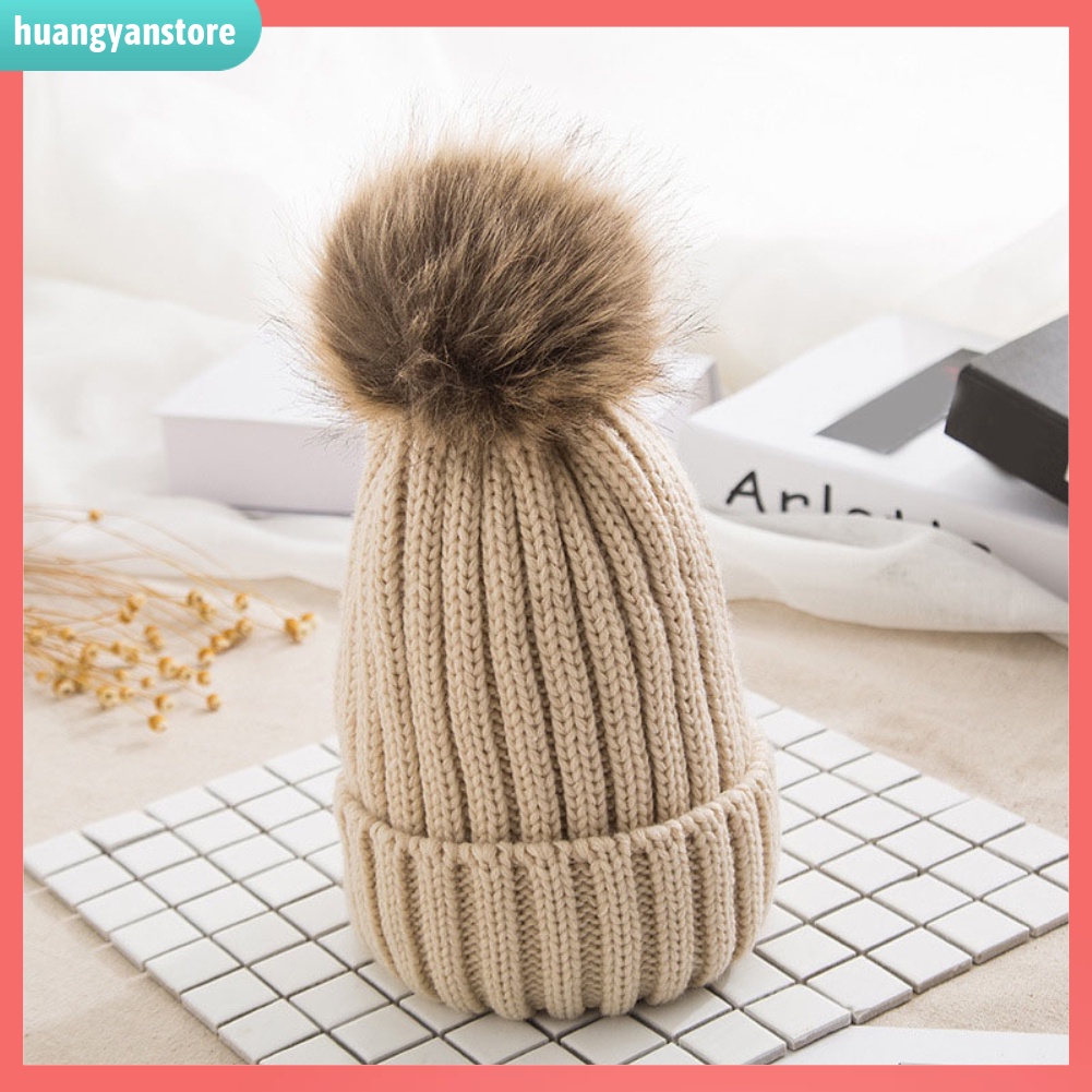 HY| Mũ len đính bóng lông màu trơn giữ ấm cho nữ