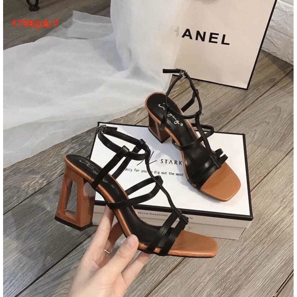 Giày sandal nữ gót cao 7p Bánh bèo, giày cao gót nữ hở mũi gót khoét lỗ, phối dây thời trang màu đen và kem