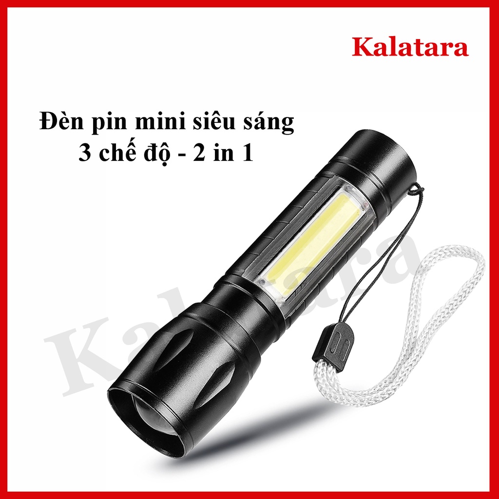 Đèn pin siêu sáng mini pin trâu 2 in 1 cổng sạc micro tiện lợi phóng to có led chớp nhiều chế độ sáng full phụ kiện hộp