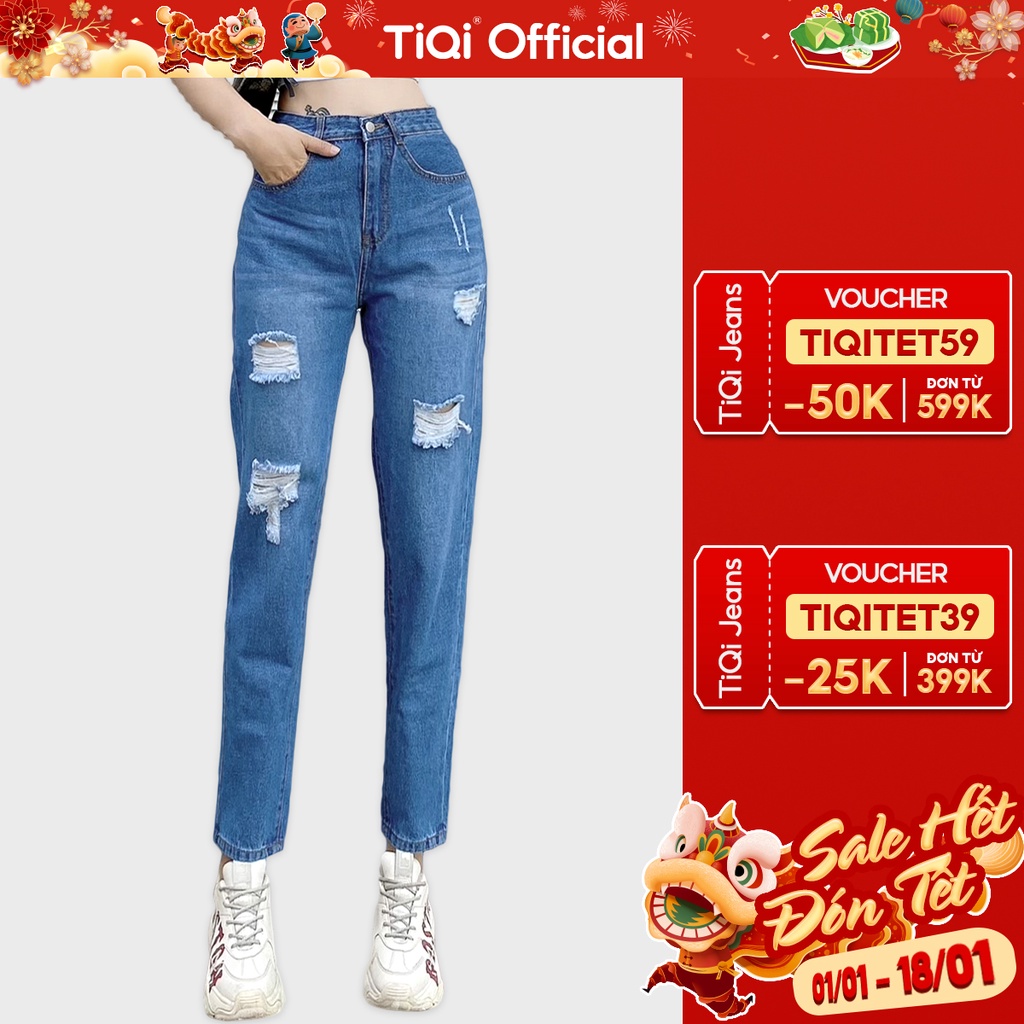 Quần baggy trơn jean cotton rách gối TiQi Jeans B1-203