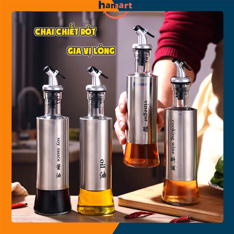 Chai Chiết Dầu Ăn Thuỷ Tinh INOX Hamart Bình Rót Dầu Ăn Có Nắp Vòi Chảy Chậm Tiện Lợi