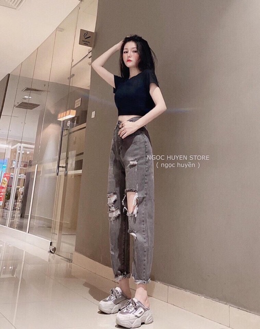 Quần baggy jean nữ lưng cao, cắt rách màu xám jean LB2020 LB Jean Fashion