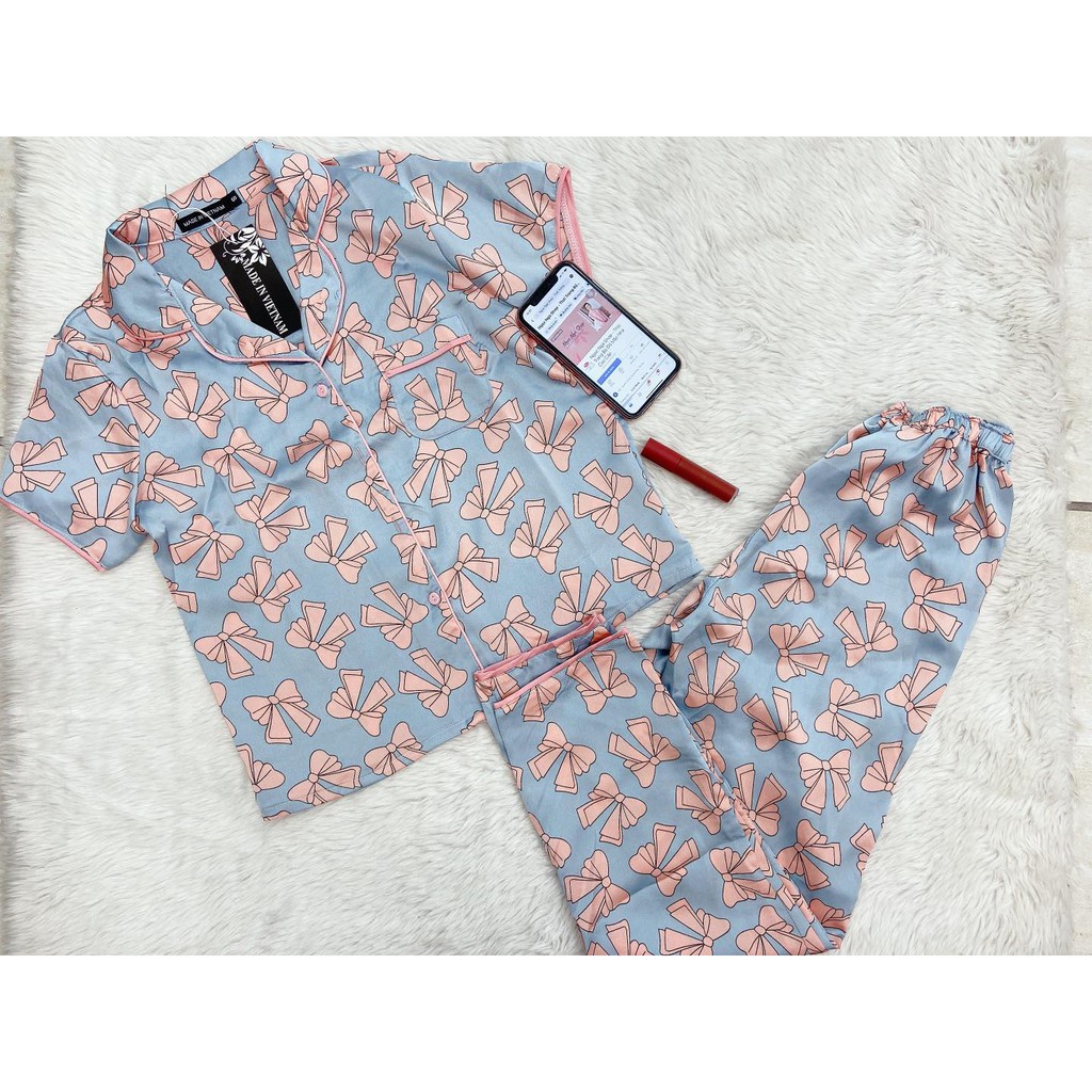 Đồ ngủ pijama lụa Satin cao cấp. Set bộ mặc nhà chất liệu siêu mềm mịn, thoáng mát - họa tiết trái tim siêu dễ thương