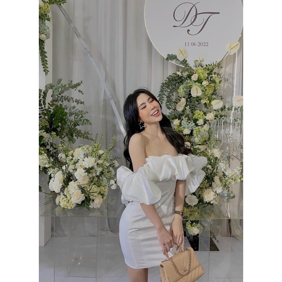 Đầm body trắng ngắn bẹt vai bèo. Thời trang đầm đi chơi dự tiệc sang trọng quý phái dạo phố sinh nhật party hotgirl tk