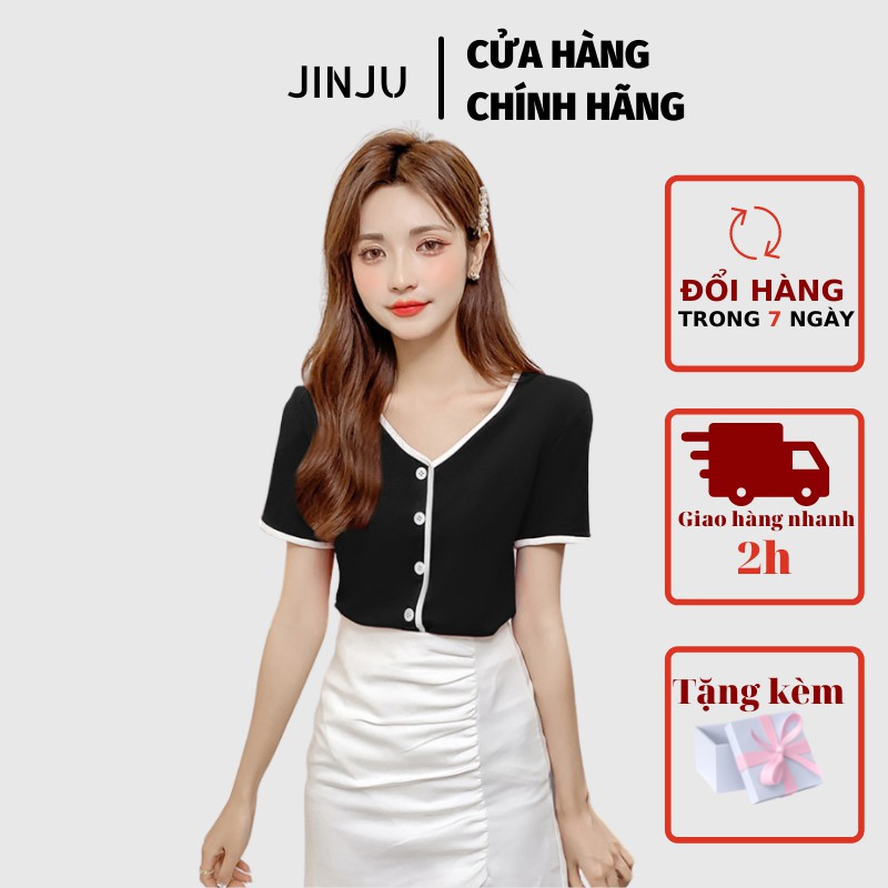 Áo Croptop Nữ Tay Ngắn- Áo Sơ Mi Nữ Tay Ngắn Phối Viền Màu Phong Cách Hàn Quốc Nữ Cá Tính- JinJu