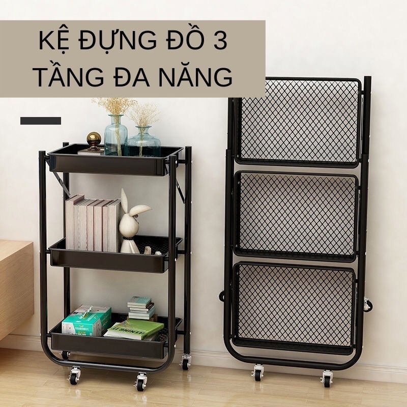 Giá kệ để đồ đa năng 3 tầng gấp gọn đi động, kệ spa có bánh xe bằng sắt Sơn tĩnh điện