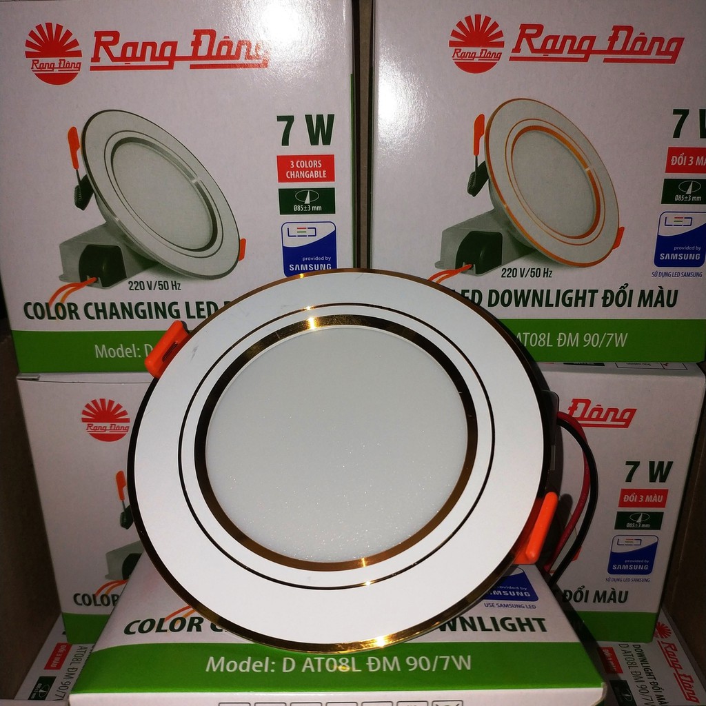 [CHÍNH HÃNG] Đèn LED âm trần đổi màu 7W viền vàng, khoét lỗ 90mm, SAMSUNG chipLED, đổi 3 màu D AT10