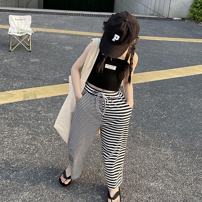 Quần Dài Lưng Thun Dáng Rộng Họa Tiết Kẻ Sọc Thời Trang Mùa Hè Phong Cách Hàn Quốc Cho Bé Gái