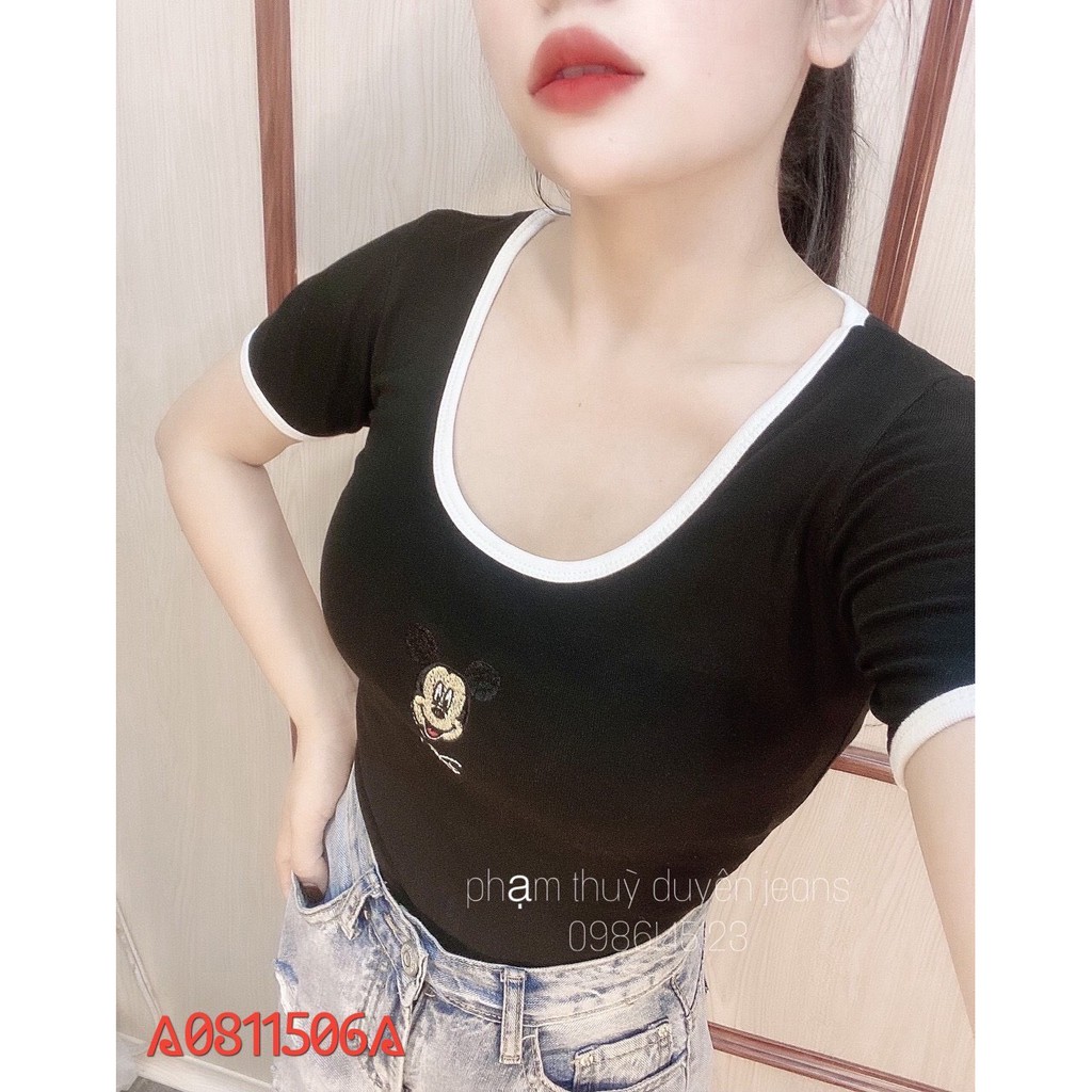 Áo croptop viền màu đen in hình chuột xinh chất bozip đẹp