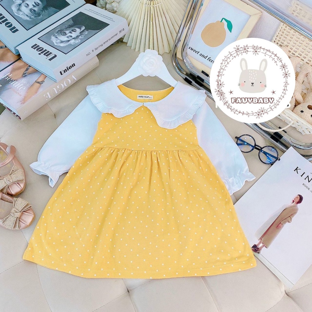 Váy Đầm Bé Gái MINKY MOM Chính Hãng COTTON Tay Dài Phối Cổ Lá Sen Đáng Yêu Hoa Văn Cute Bé 0 1 2 3 4 5 Tuổi - Favybaby