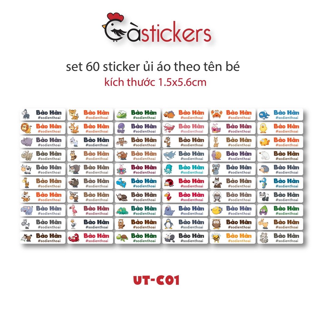 Sticker ủi áo in tên trẻ em GaStickers UT-C01 bộ 60 miếng kích thước 1,5 x 5,6 cm