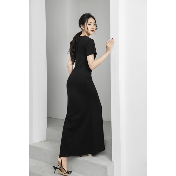Đầm nữ thiết kế xẻ tà trắng đen tay ngắn Gemmi fashion, DK8412