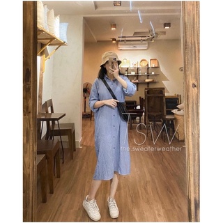 Váy đầm sơ mi kẻ dài tay form rộng phong cách Hàn