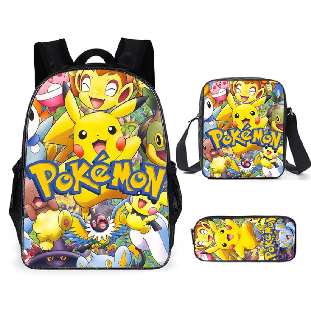 Set 3 Món Balo Túi Đeo Vai In Hình Pikachu Pokemon Hoạt Hình Sức Chứa Lớn Cho Trẻ Em