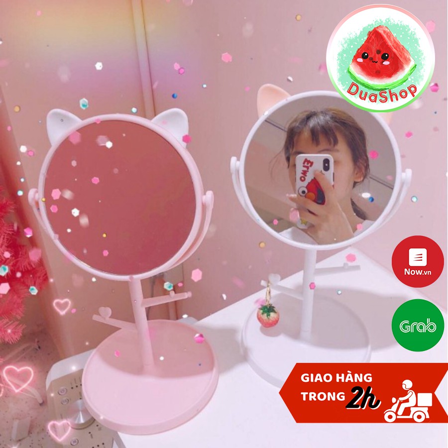 Gương Trang Điểm Để Bàn Tai Mèo Dễ Thương - Gương Neko Để Bàn Xoay 360 phong cách Hàn Quốc Duashop