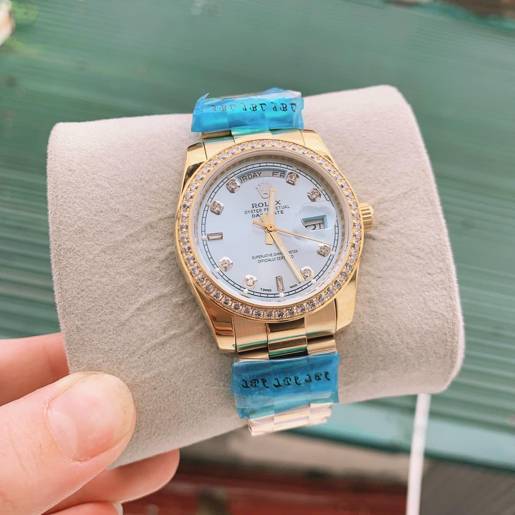 Đồng hồ Nam Rolex day date máy nhật vành đá măt trắng dây vàng dòng cơ Automatic mặt size 38mm -41mm