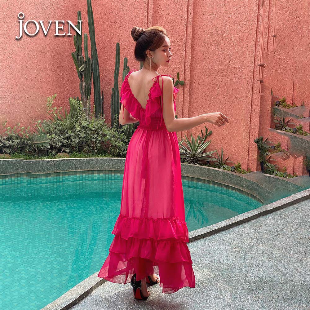 Đầm maxi xếp tầng cổ V bèo nhún Joven