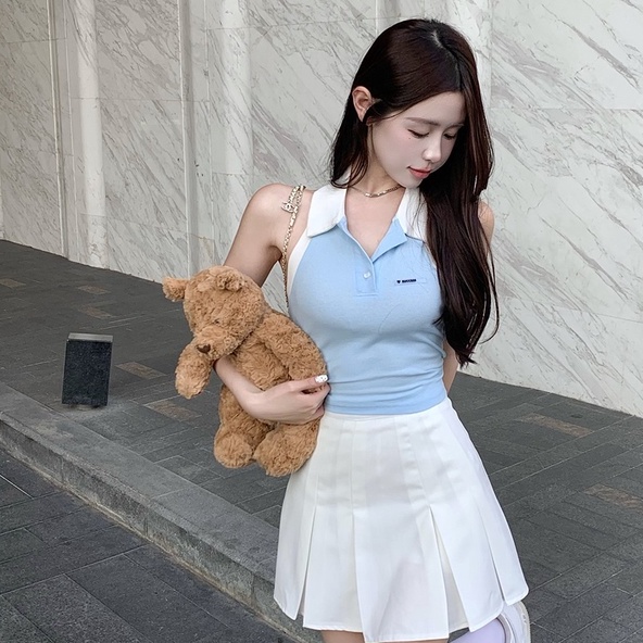 Áo ZHELIHANGFEI dệt kim không tay cổ polo hở vai lưng phong cách gợi cảm cho nữ