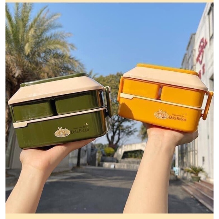 Hộp đựng cơm- đựng đồ ăn dã ngoại, văn phòng 2 tầng (nhiều màu siêu cue)