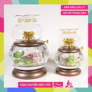  Đèn dầu lưu ly thờ cúng sen nở trong đầm bầu trắng trong viền đồng - Hàng VIP nhiều cỡ 