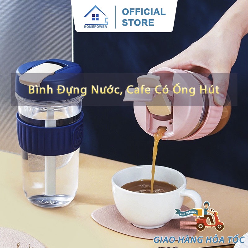 Cốc nước, cốc cà phê thuỷ tinh cao cấp có ống hút cầm tay, bỏ túi tiện lợi