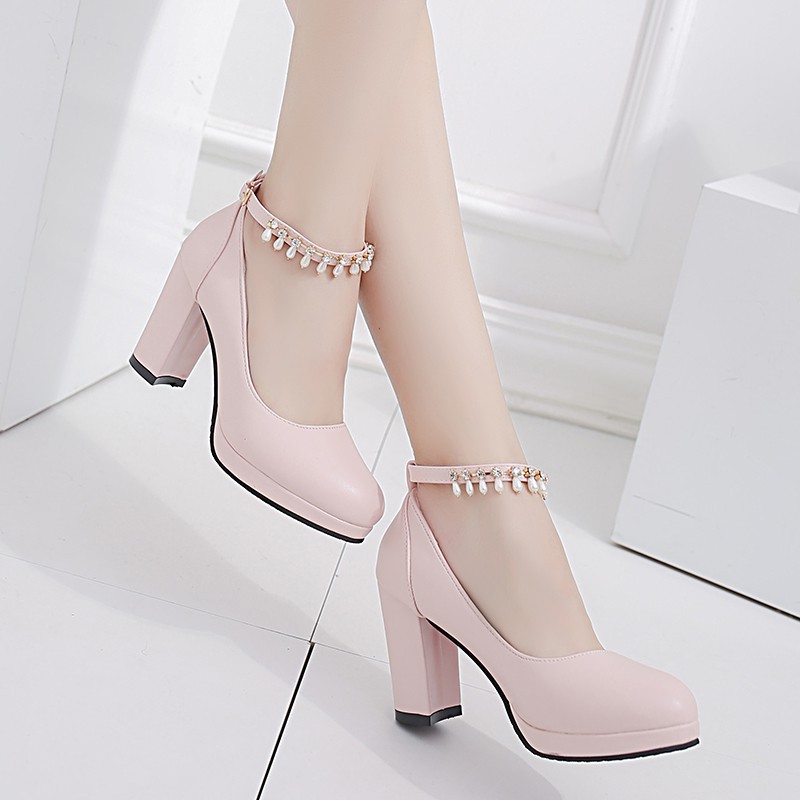 IELGY Giày cao gót đế thô quai ngọc trai thời trang sành điệu cho nữ