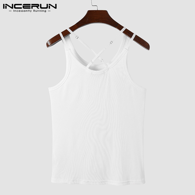 Áo tank top INCERUN dệt kim không tay phối dây chéo lưng thời trang cho nam