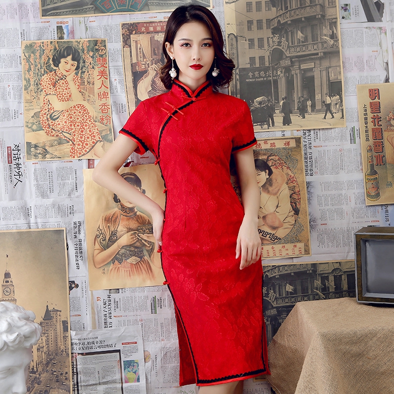 Chinese National Cheongsam Autumn Lace Dress Handmade Button Elegant Vintage Women Long Dresses Sexy Red Qipao