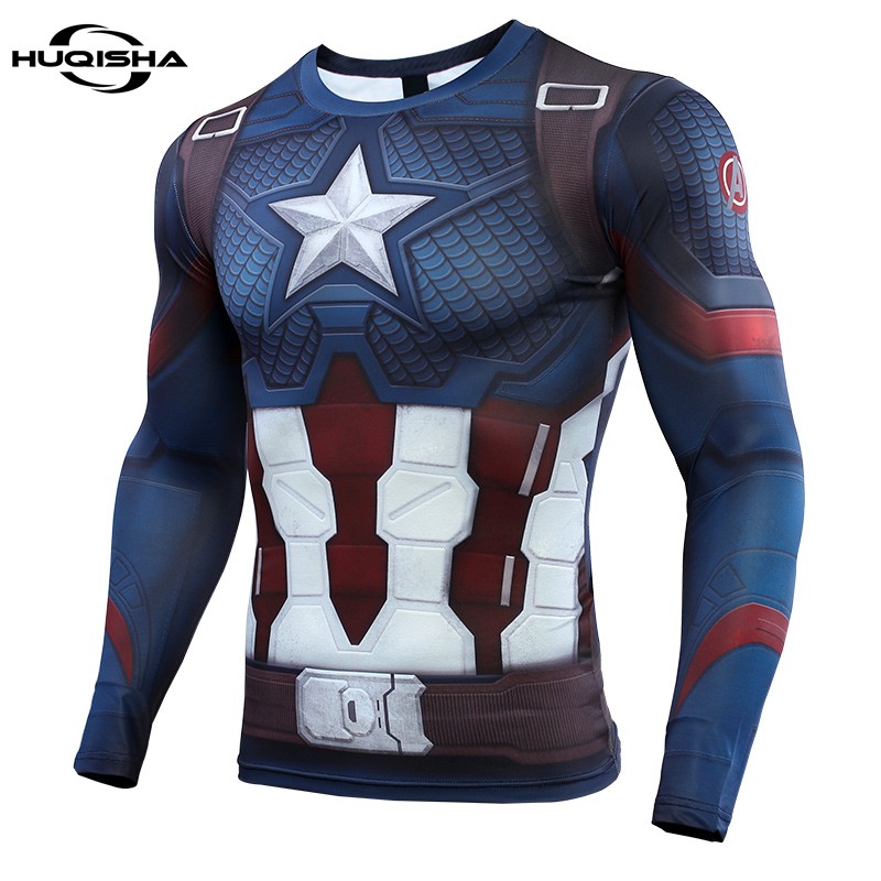 Áo thun HUQISHA tay dài in hình Captain America Avengers 3D thời trang cho nam