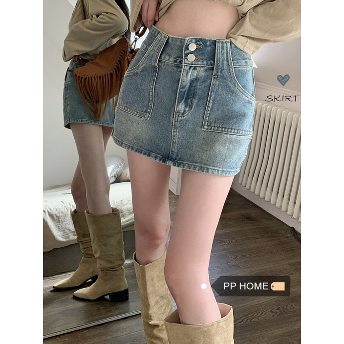 Pphome Chân Váy Jean Mini Lưng Cao Phối Hai Hàng Nút Phong Cách Retro Mỹ Mùa Hè Dễ Phối Đồ Cho Nữ