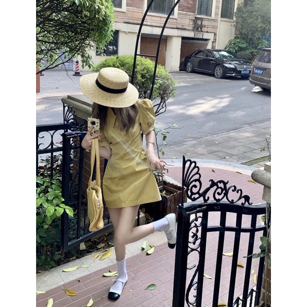 Váy sơmi tay bồng chỉ nổi phong cách trẻ trung hàn quốc
