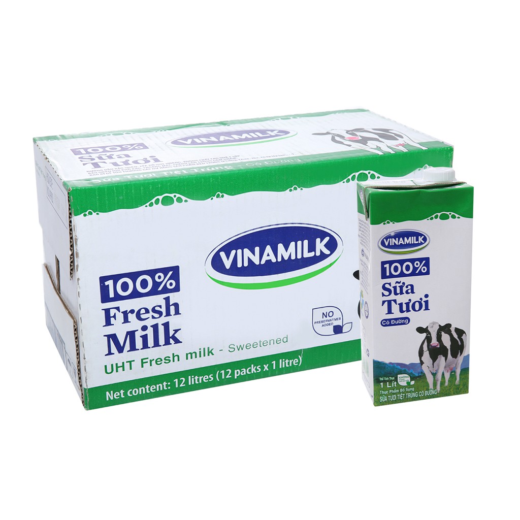 Thùng 12 hộp sữa tươi có đường Vinamilk 100% Sữa Tươi 1 lít