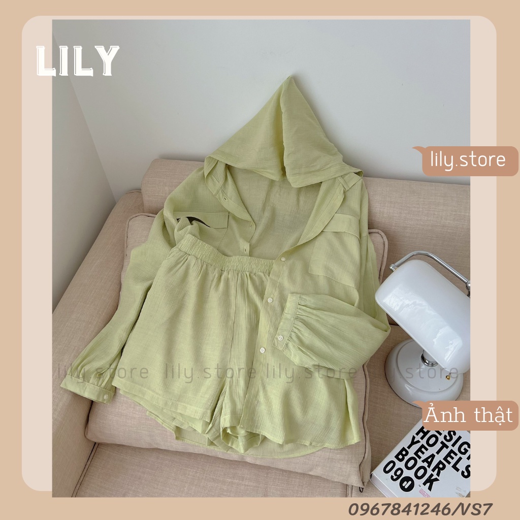 Set áo sơ mi có mũ form rộng mix quần short, sơ mi dài tay túi hộp có mũ và quần đùi 2 lớp cao cấp S7 LILY