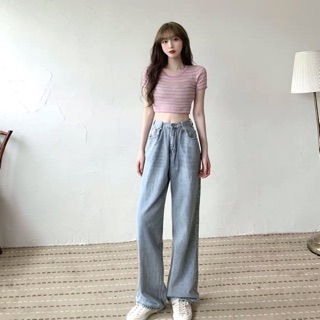 Quần jeans ống rộng cạp cao khuy cài điều chỉnh