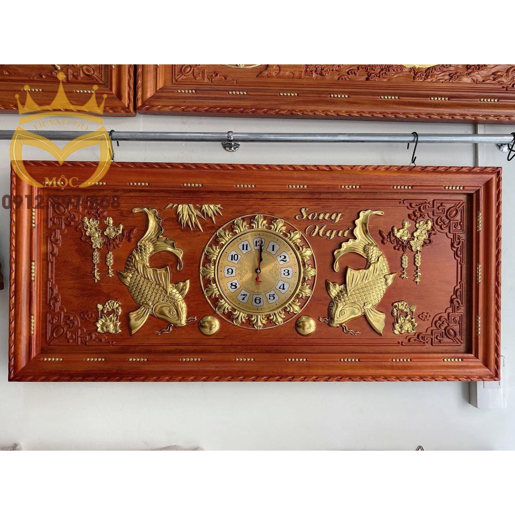 Tranh Đồng Hồ Gỗ Hương Thếp Vàng kích thước 48cm x 108cm