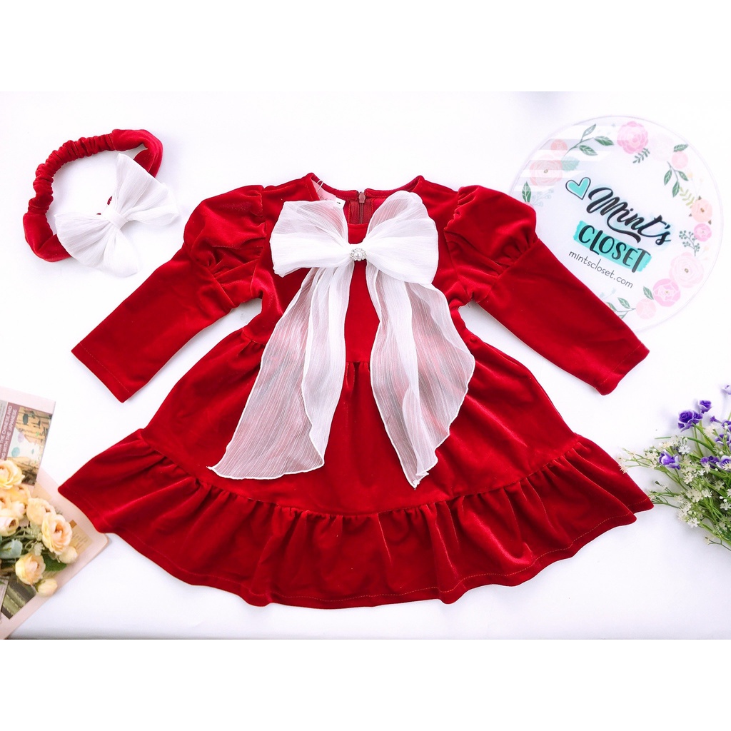Set váy nhung kèm băng đô nơ bền bỉ và mềm mại cho bé gái từ sơ sinh 1 2 3 4 tuổi MINTSCLOSET Mint's Closet - GS1011