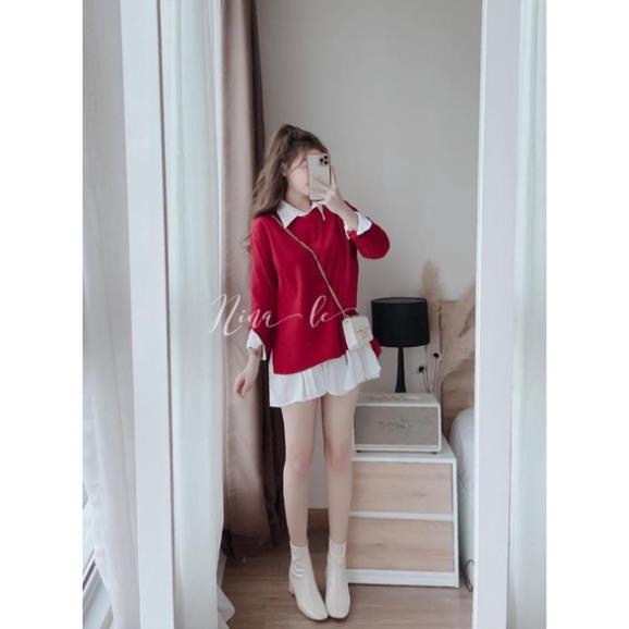 Set áo chân váy VAYO combo áo sơ mi trắng gile len đỏ và chân váy xếp ly thời trang nữ đẹp | BigBuy360 - bigbuy360.vn