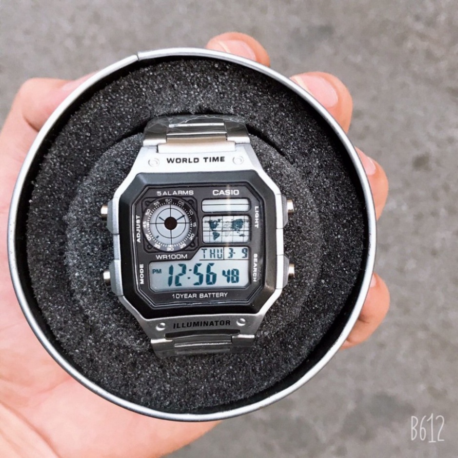 Đồng hồ nam Casio AE 1200-WHD classic chống nước , dây thép không gỉ .