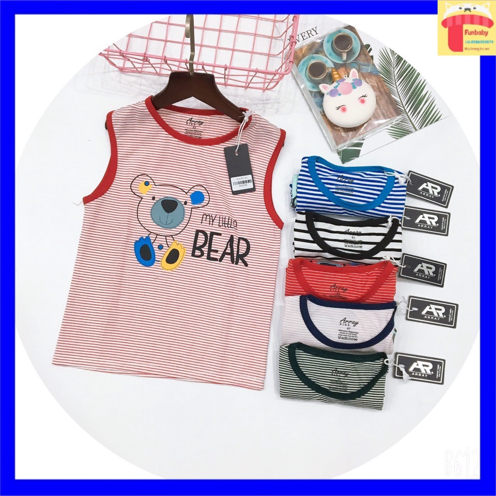 Áo sát nách cho bé 3-8 tuổi in hình và chữ ARRAY phối kẻ, Áo phông bé trai vải cotton thấm hút mồ hôi