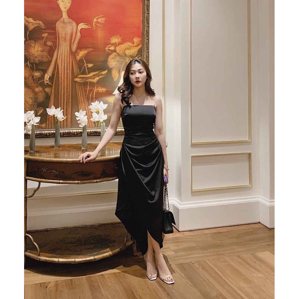 (VIDEO+HÌNH THẬT) Đầm Phi Lụa Nhung Vạt Xéo Dây Vai Kết Cườm (ĐEN) | BigBuy360 - bigbuy360.vn