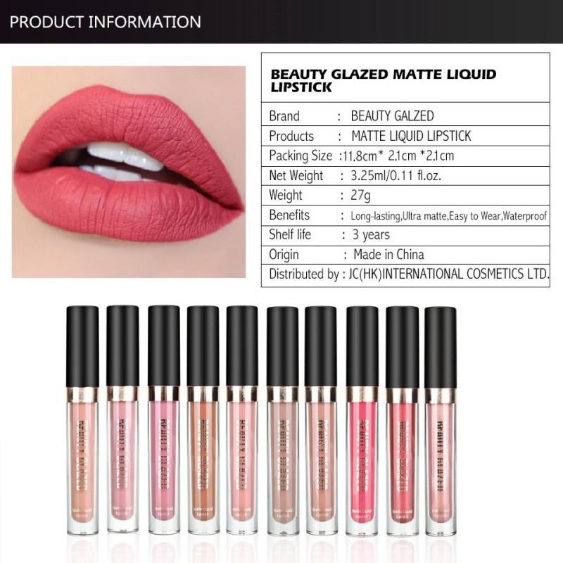 Son môi BEAUTY GLAZED Lau Matte 10 Warna Longlasting không thấm nước dạng son bóng lỏng