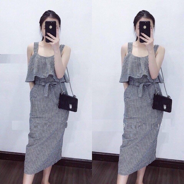 Váy maxi kẻ caro phối bèo