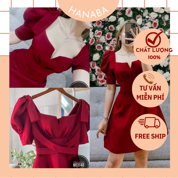 Đầm dự tiệc nữ nơ vai váy bigsize tay phồng thiết kế đẹp sanh chảnh màu đen đỏ trắng hanaba