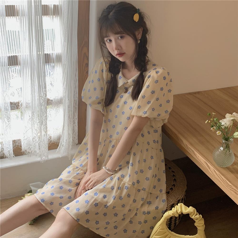 Đầm Dáng Chữ A Cổ Búp Bê Họa Tiết Hoa Nhỏ Dễ Thương Phong Cách Nhật Bản Thời Trang Mùa Hè Cho Nữ