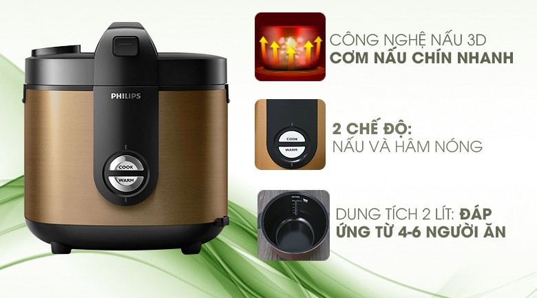 Nồi cơm điện Philips 2 lít HD3132/68 Vàng mới 100%,Có xửng hấp, Van thoát hơi thông minh giữ lại vitamin-BH 24 tháng